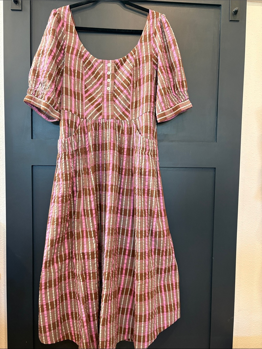 685. Free People Pink and Brown Plaid Cotton Dress with Puff Sleeves
